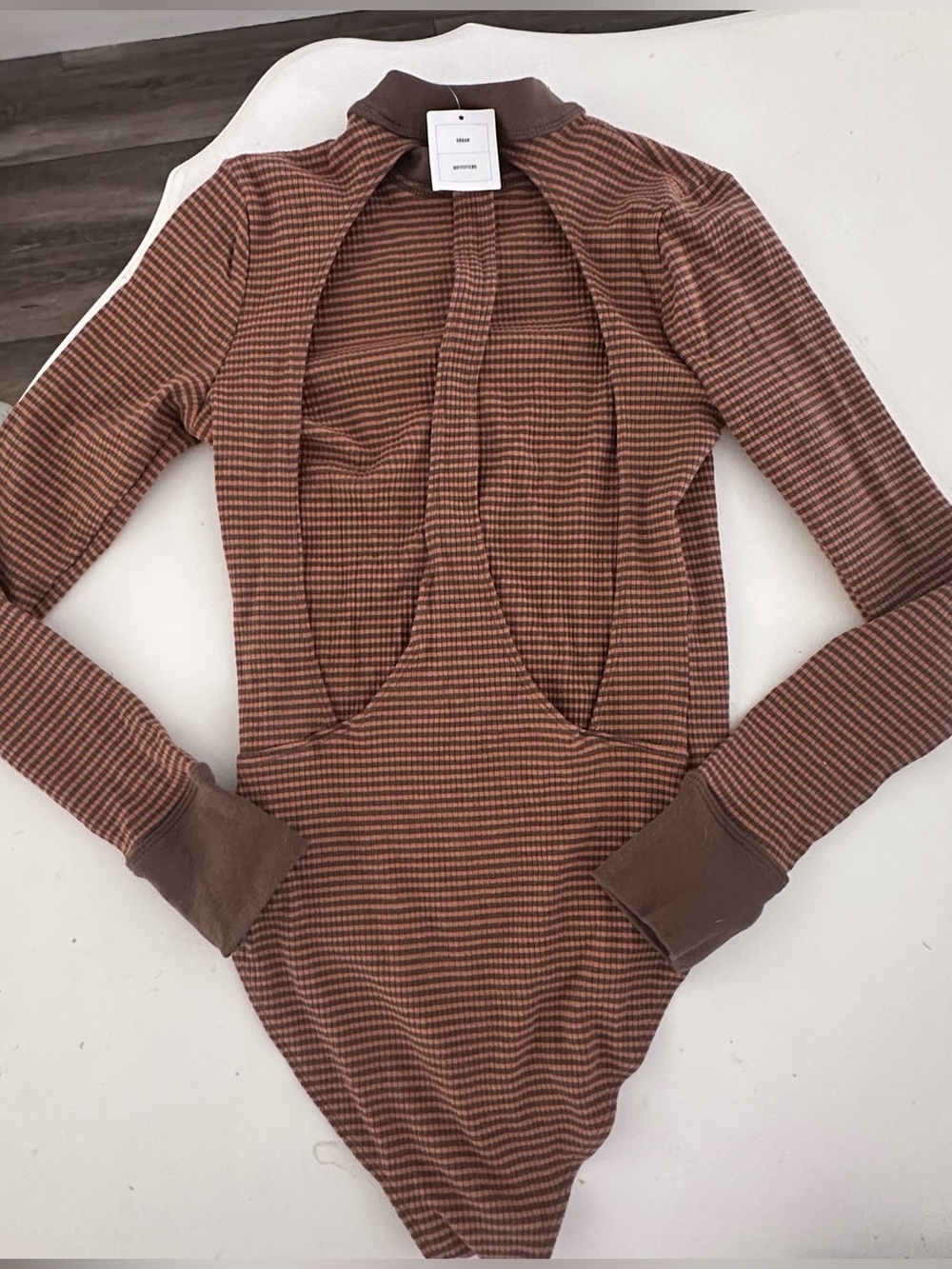 NWT Out From Under Brown Stripe Mock Neck Open Back Bodysuit Size M